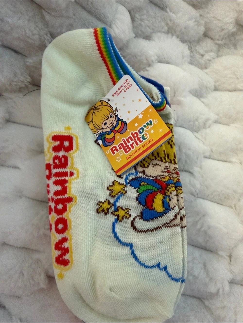 Rainbow Brite Cream Ankle Socks with Rainbow Trim